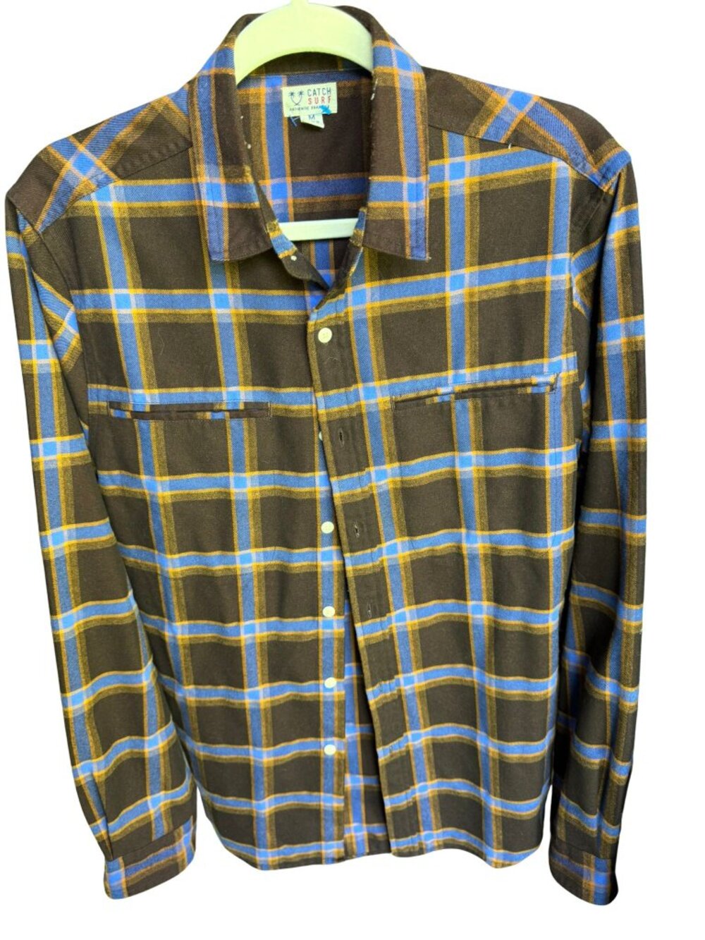 Catch Surf Plaid Button Front Shirt Mens Medium Blue Brown Lightweight Flannel
